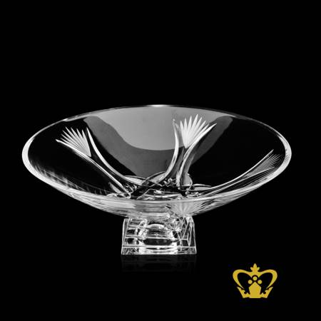 Stunning-luminous-footed-crystal-bowl-elegantly-carved-with-intense-frosted-leaf-pattern