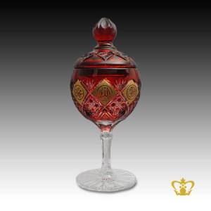 Red-Crystal-Candy-Jar-Footed-with-Golden-Arabic-Word-Calligraphy-Allah-Muhammed-Rasul-Allah-Bismillah-Ir-Rahman-Ir-Rahim-Islamic-Gift-with-Deep-Star-Leaf-Cut-Hand-crafted-Designs-engraved-Ramadan-Eid-Souvenir