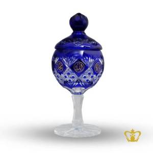 Blue-Crystal-Candy-Jar-Footed-With-Golden-Arabic-Word-Calligraphy-Allah-Muhammed-Rasul-Allah-Bismillah-Ir-Rahman-Ir-Rahim-Islamic-Gift-With-Deep-Star-Leaf-Cut-Hand-Crafted-Designs-Engraved-Ramadan-Eid-Souvenir