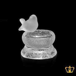 Crystal-Replica-of-Bird-stands-on-a-Crystal-Frosted-Bowl-Customize-Base-Text-Engraving-Logo
