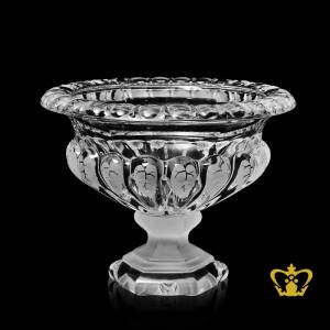 Imperial-elegantly-carved-footed-crystal-bowl-allured-with-frosted-leaf-pattern-handcrafted-vintage-style-decorative-gift
