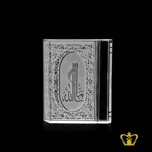 Sacred-crystal-Quran-replica-handcrafted-alluring-border-with-Arabic-word-calligraphy-Masha-Allah-hand-carved-lovely-Islamic-gift-Eid-Ramadan-religious-occasion-souvenir