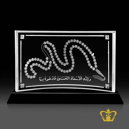 Crescent-Crystal-Plaque-With-Black-Base-Asma-Al-Hasna-Engraved-In-A-99-Prayer-Bead-Misbaha-Tasbih-Or-Sibha-Theme-Islamic-Occasions-Religious-Souvenir-Eid-Ramadan-Gift-