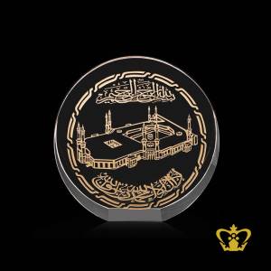 Golden-Arabic-Word-Calligraphy-Bismillah-Ir-Rahman-Ir-Rahim-And-La-Ilaha-Illa-Allah-Muhammed-Rasul-Allah-With-Holy-Kaaba-Engraved-Islamic-Occasions-Gift-Crystal-round-Paper-weight-Customized-Ramadan-Eid-Religious-Souvenir