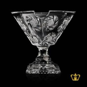 Marvelous-exceptional-three-cornered-crystal-footed-bowl-enhanced-with-hand-carved-twirling-star-intense-pattern-