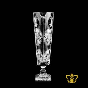 Elegant-crystal-vase-adorned-with-striking-intense-handcrafted-twirling-star-leaf-pattern-cuts-alluring-decorative-gift