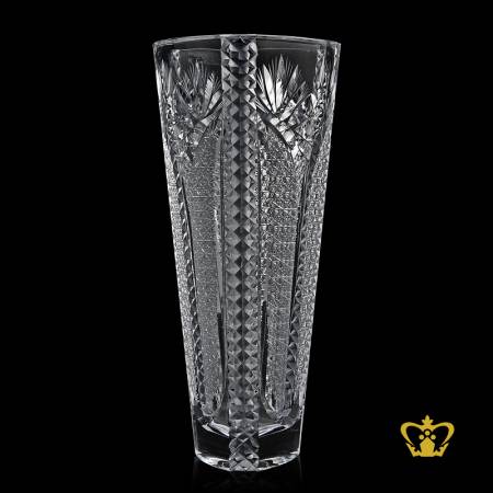Charming-tall-vintage-style-stunning-crystal-vase-adorned-with-handcrafted-intense-star-diamond-and-leaf-cut