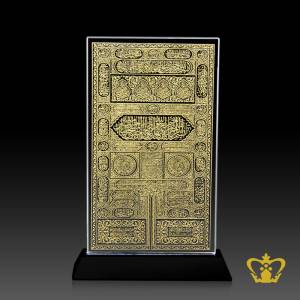 Holy-Kaaba-door-handcrafted-crystal-plaque-kiswah-cover-engraved-Arabic-golden-word-calligraphy-with-black-base-Islamic-occasion-gift-Eid-Ramadan-souvenir