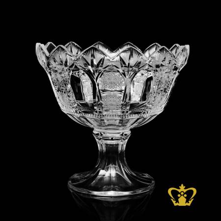 Elegant-luminous-footed-crystal-bowl-with-lovely-crown-edges-handcrafted-pattern