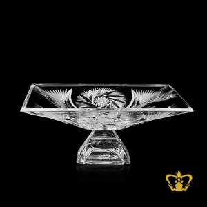 Square-footed-crystal-decorative-bowl-handcrafted-with-twirling-star-cuts-and-frosted-leaf-pattern