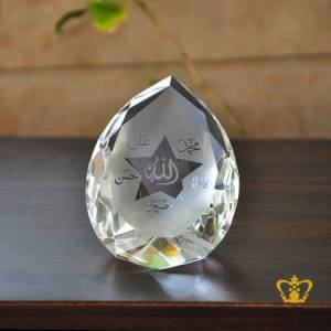 Diamond-Cut-Crystal-Paper-Weight-with-Holy-Panjtan-Arabic-Word-Calligraphy-Engraved-Around-Allah-Religious-Ramadan-Eid-Gift-Islamic-Occasions-Customized-Souvenir-
