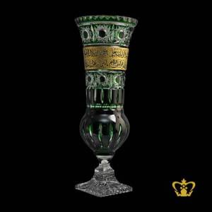 Green-crystal-footed-vase-golden-Arabic-word-calligraphy-engraved-Ayatul-Kursi-handcrafted-deep-star-cuts-decorative-Islamic-religious-occasion-Ramadan-Eid-gifts