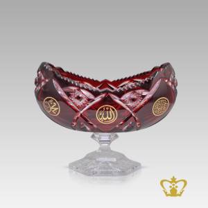 Classy-charming-scalloped-edge-ruby-footed-crystal-Islamic-bowl-with-Arabic-word-calligraphy-engraved-Allah-Muhammed-Rasulullah-Bismillah-the-Holy-Kaaba-and-handcrafted-diamond-pattern-decorative-gift