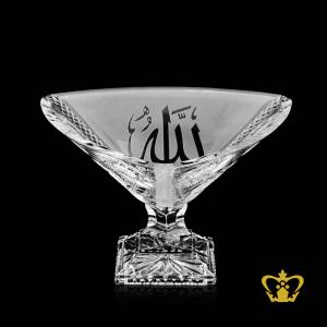 Lovely-triangular-Islamic-crystal-bowl-handcrafted-with-intense-twirling-and-star-leaf-cuts-with-Arabic-word-calligraphy-Allah-engraved-Islamic-gift-religious-occasions-Eid-Ramadan