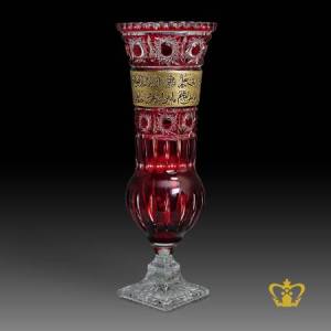Ruby-crystal-vase-footed-hand-crafted-deep-star-cuts-golden-Arabic-word-calligraphy-Ayat-Al-Kursi-engraved-Islamic-decorative-present-religious-Ramadan-souvenir-Eid-gift