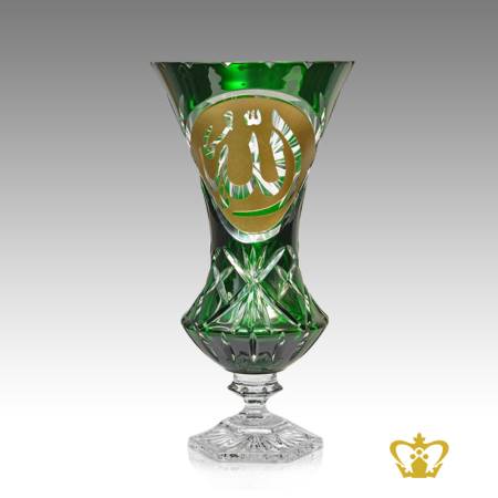 Green-Crystal-Footed-Vase-with-Deep-Leaf-Cut-Handcrafted-Golden-Arabic-Word-Calligraphy-Allah-Engraved-Islamic-Religious-Decorative-Eid-Gift-Ramadan-Souvenir