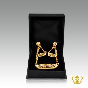 Golden-set-of-jewelry-boat-shape-bracelet-and-earring-embellished-with-multicolor-crystal-diamond