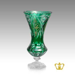 Lovely-footed-handcrafted-green-crystal-vase-with-Islamic-Arabic-golden-word-calligraphy-Allah-engraved-alluring-Ramadan-Eid-souvenir-special-religious-occasions-gift
