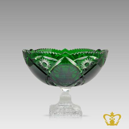 Alluring-green-footed-crystal-bowl-with-scalloped-edge-handcrafted-Islamic-Arabic-word-golden-calligraphy-Ramadan-Eid-special-religious-occasions-gift-souvenir