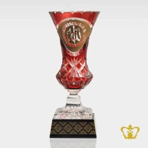 Red-Vase-Crystal-Footed-with-Black-Base-Scalloped-Edge-Golden-word-Arabic-Calligraphy-Engraved-Allah-with-Leaf-cuts-Decorative-gifts-Islamic-Religious-Eid-Ramadan-Souvenir-