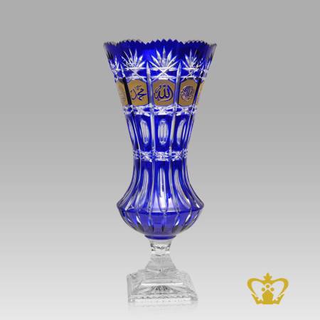 Blue-crystal-footed-vase-golden-Arabic-word-calligraphy-engraved-deep-leaf-cuts-decorative-Islamic-religious-occasion-Ramadan-Eid-gifts