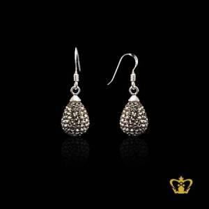 Glistening-silver-drop-earring-inlaid-with-gray-gleaming-crystal-diamond-lovely-gift-her