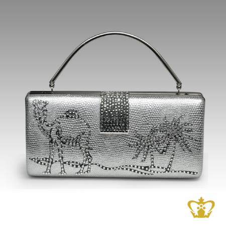 Ladies-purse-silver-color-embellished-clear-crystal-diamond-with-a-design-of-camel-palm-tree-clear-crystal-diamond-around-the-lock