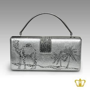 Ladies-purse-silver-color-embellished-clear-crystal-diamond-with-a-design-of-camel-palm-tree-clear-crystal-diamond-around-the-lock