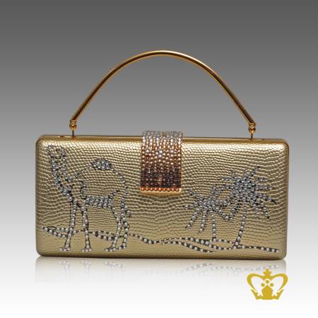 Ladies-purse-golden-color-embellished-clear-crystal-diamond-with-a-design-of-camel-palm-tree-brown-clear-crystal-diamond-around-the-lock