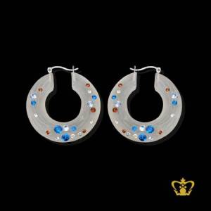 Cast-enamel-white-earring-embellished-with-blue-clear-and-amber-crystal-diamond