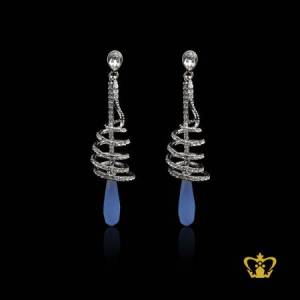 Spiral-drop-shape-earring-silver-embellish-with-sparkling-crystal-diamond-exquisite-jewelry-gift-for-her