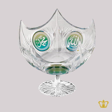 Footed-Crystal-Rose-Bowl-Crown-edged-Hand-Crafted-with-Deep-leaf-cuts-Arabic-Word-calligraphy-engraved-Allah-Muhammed-the-Holy-Kaaba-in-Assorted-colors-Islamic-Occasions-Gift-Eid-Ramadan-Souvenir