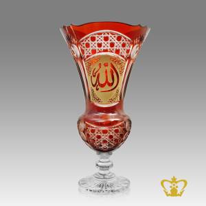 Allah-the-Holy-Kaaba-Engraved-Decorative-Islamic-Religious-Ramadan-Eid-Gifts-Footed-Red-Crysal-Vase-Handcrafted-Deep-Diamond-Leaf-cuts-Golden-Arabic-word-Calligraphy