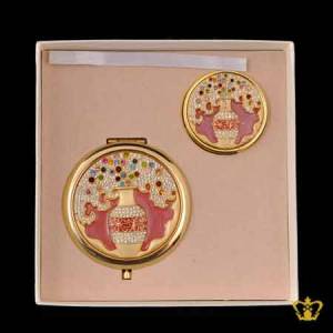 Round-golden-beautiful-vase-design-small-compact-ladies-mirror-and-purse-holder-embellish-with-multicolor-crystal-diamond