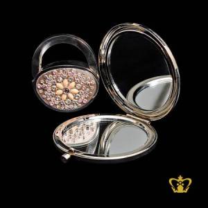 Round-silver-small-compact-ladies-mirror-embellish-with-pearl-colorful-crystal-stone