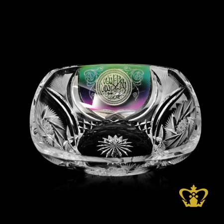 Modest-square-crystal-bowl-handcrafted-deep-leaf-cuts-and-twirling-star-with-Arabic-word-calligraphy-engraved-la-ilaha-illallah-in-assorted-colors-Islamic-occasions-gift-Eid-Ramadan
