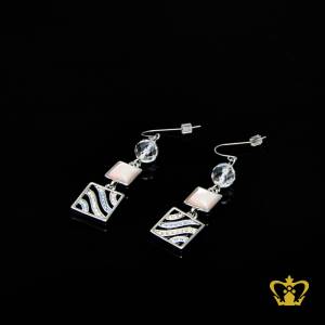 Silver-square-dangling-earring-inlaid-with-exquisite-crystal-diamond-and-pearl