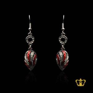 Dangling-silver-drop-shape-earring-embellish-with-red-color-and-clear-crystal-diamond-exquisite-jewelry-gift-for-her