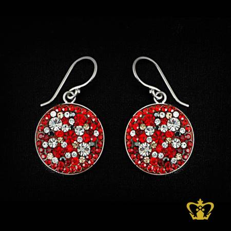 Dangling-round-silver-earring-inlaid-with-red-and-clear-crystal-diamonds-lovely-gift-for-her
