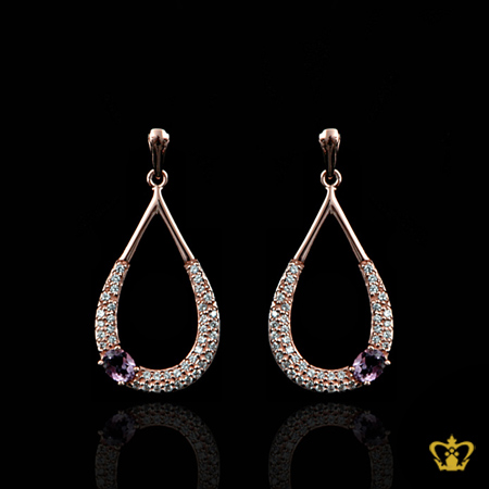 Pink-gold-plated-gorgeous-drop-hole-earring-inlaid-with-violet-and-clear-crystal-diamond-lovely-gift-for-her