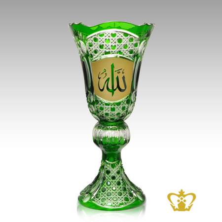 2-Tier-Green-Crystal-Decorative-Vase-Arabic-word-Golden-Calligraphy-Allah-Engraved-Hand-crafted-Deep-Diamond-Leaf-Cuts-Islamic-religious-Ramadan-Eid-Gifts
