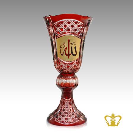 Crystal-Decorative-Vase-Red-2-Tier-Arabic-Word-Golden-Calligraphy-Allah-Engraved-Hand-Crafted-Deep-Diamond-Leaf-Cuts-Islamic-Religious-Ramadan-Eid-Gifts