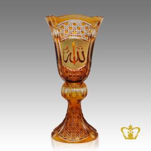 Amber-2-Tier-Crystal-Decorative-Vase-Arabic-word-Golden-Calligraphy-Allah-Engraved-Hand-crafted-Deep-Diamond-Leaf-Cuts-Islamic-religious-Ramadan-Eid-Gifts
