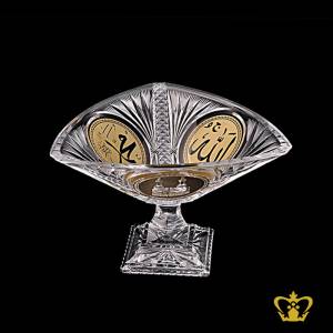 Lovely-triangular-Islamic-crystal-bowl-handcrafted-with-intense-leaf-cuts-and-golden-Arabic-word-calligraphy-Allah-Muhammad-holy-Kaaba-Ramadan-Eid-religious-occasions-gift