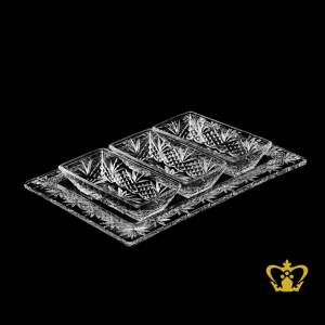 Classic-ornate-crystal-tray-with-3-nut-bowls-allured-with-exquisite-hand-carved-leaf-diamond-pattern