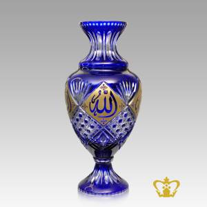 Blue-Crystal-Vase-Decorative-Golden-Arabic-word-calligraphy-Allah-engraved-Deep-Diamond-Leaf-Star-Cuts-handcrafted-Islamic-religious-ramadan-eid-gifts
