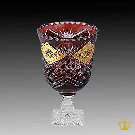 Diamond-and-Leaf-Cut-Hand-Crafted-Red-Crystal-Decorative-Vase-with-Golden-Arabic-word-Calligraphy-Bismillah-Ir-Rahman-Ir-Rahim-Engraved-Islamic-Eid-Gift-Ramadan-Souvenir