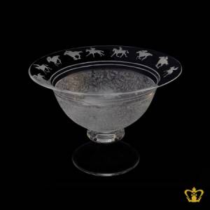 Graceful-footed-frosted-handcrafted-crystal-bowl-adorned-with-horse-rider-figure-carved-aristocratic-decorative-gift