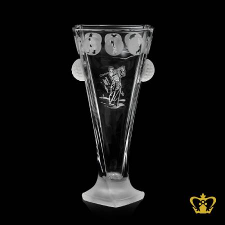Modish-twisted-crystal-frost-footed-vase-embellished-with-golfer-silhouette-etched-adorned-with-dimpled-golf-ball-replica