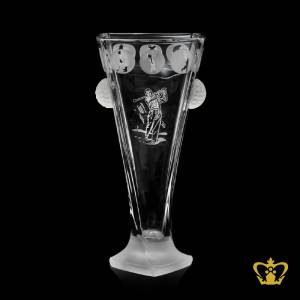 Modish-twisted-crystal-frost-footed-vase-embellished-with-golfer-silhouette-etched-adorned-with-dimpled-golf-ball-replica